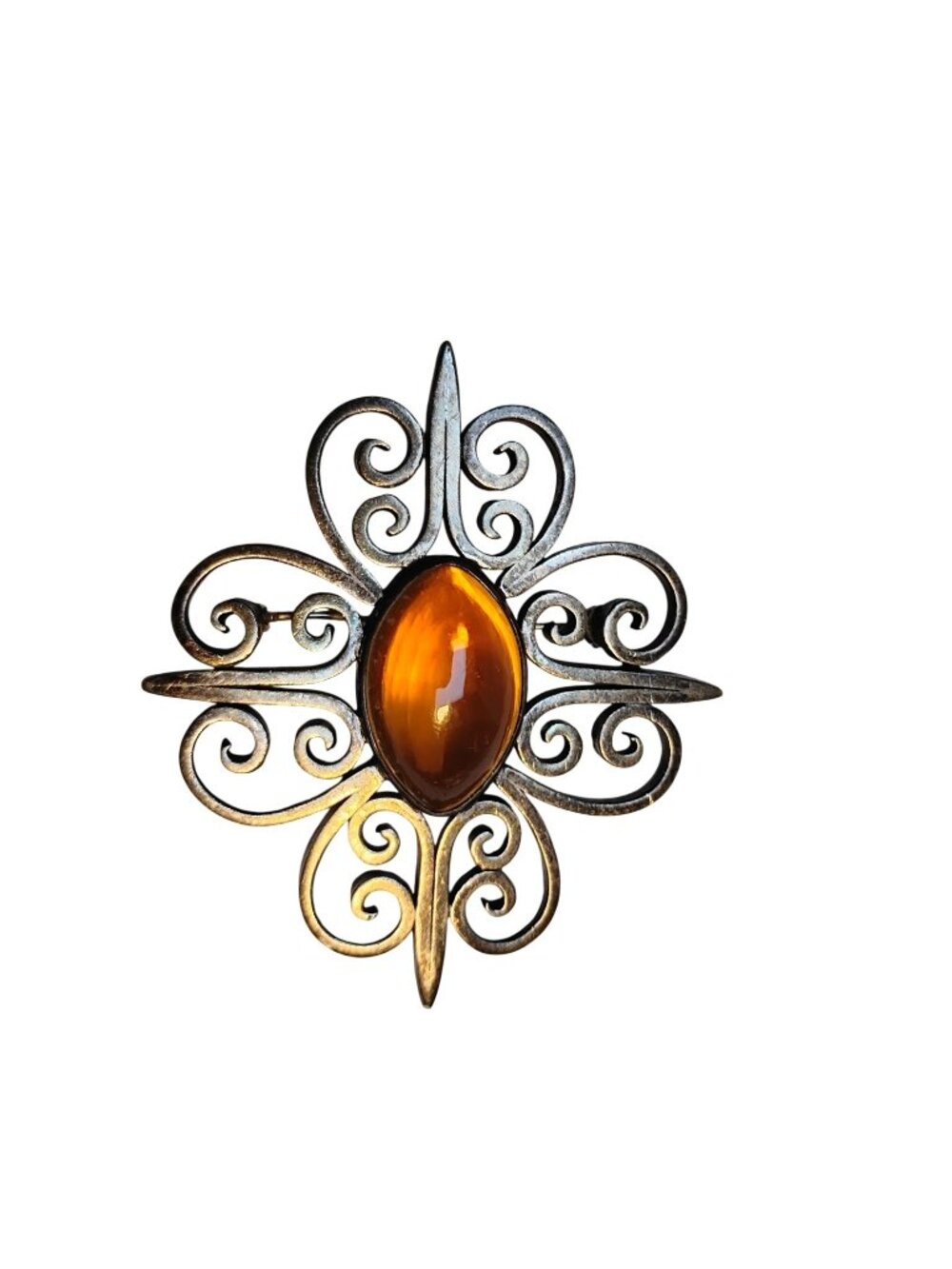 Antique Victorian Handmade Sterling Pin or Pendant Faux Amber 2.5"